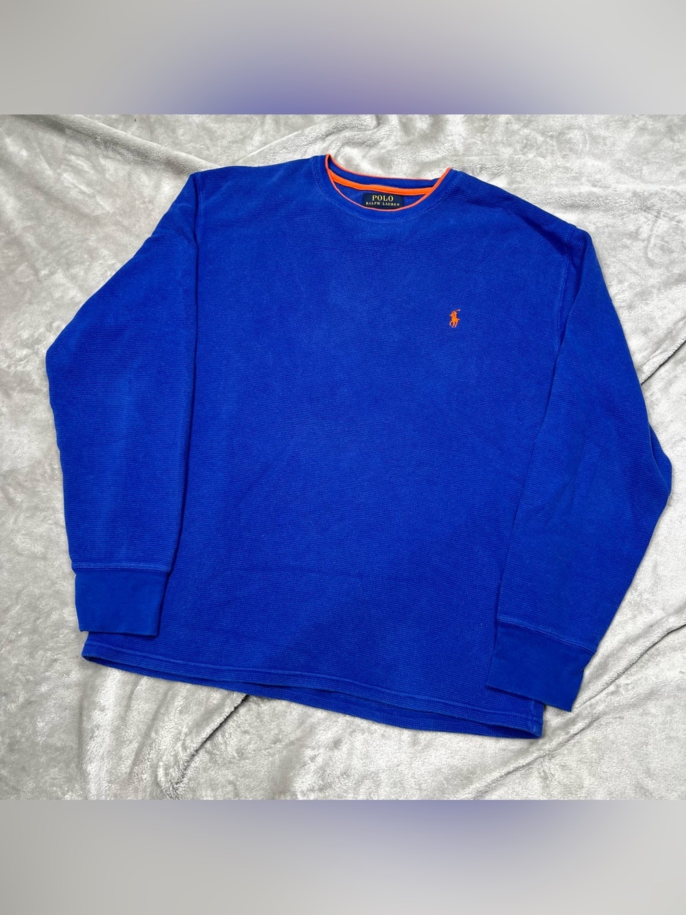 Polo Ralph Lauren Thermal L/S Shirt Mens L Blue/Orange Waffle Knit Pony Logo